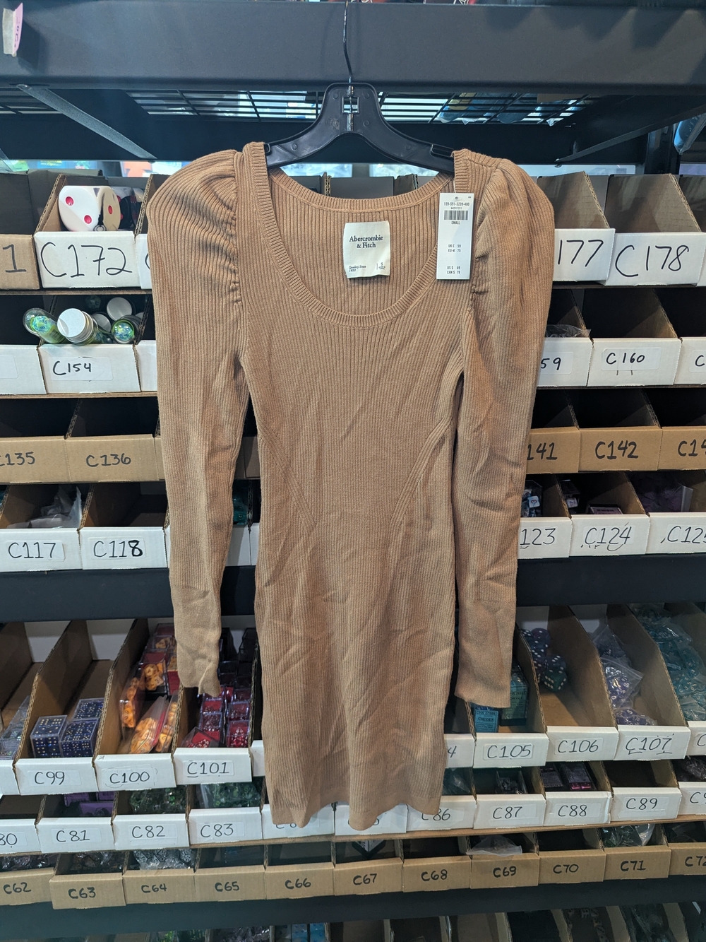 Abercrombie & Fitch Tan Ribbed Puff-Sleeve Long Sleeve Dress | S